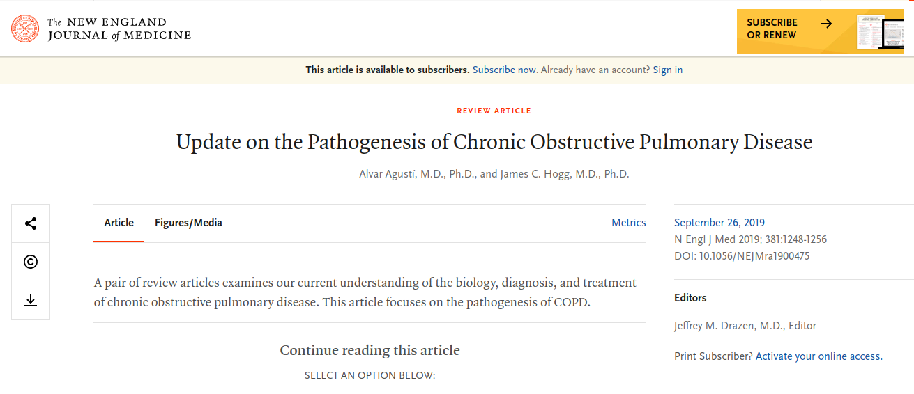Update on the Pathogenesis of Chronic Obstructive Pulmonary Disease. Captura de la página web de la revista médica
